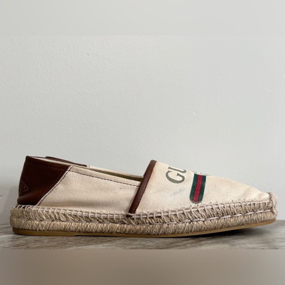 GUCCI Espadrilles Beige/ Cream Canvas With Web & Logo Leather Trim  7  / 7.5 US - Picture 3 of 13